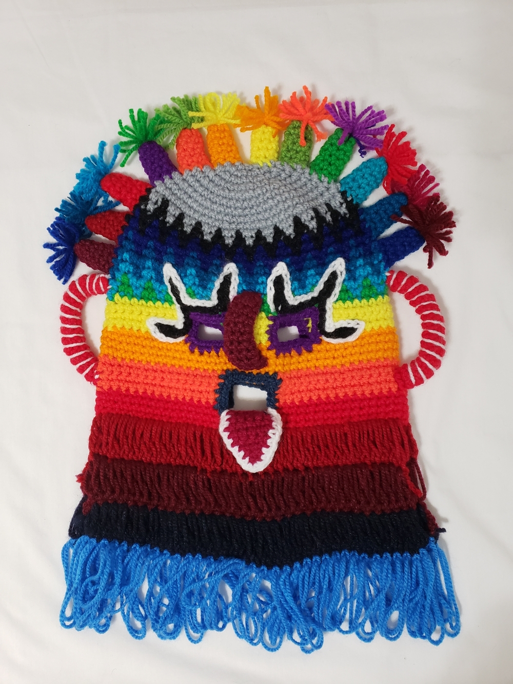 Handmade Aya Huma Mask Ecuador Andean Rainbow Crochet Folk Art Festival